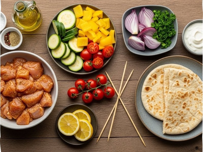 Raw ingredients for tortilla kebab skewers arranged on a wooden table, including marinated chicken, vegetables, tortillas, yogurt sauce, and spices.