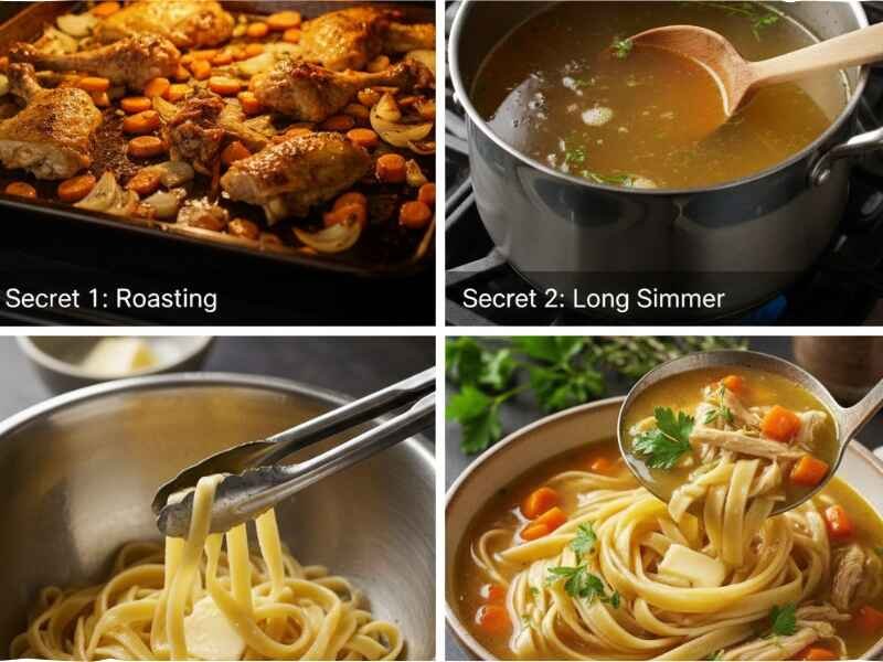 Four-panel collage showing the key steps for making rich chicken noodle soup: 1) roasting the bones, 2) long simmering the broth, 3) coating the noodles with oil, and 4) final serving presentation.