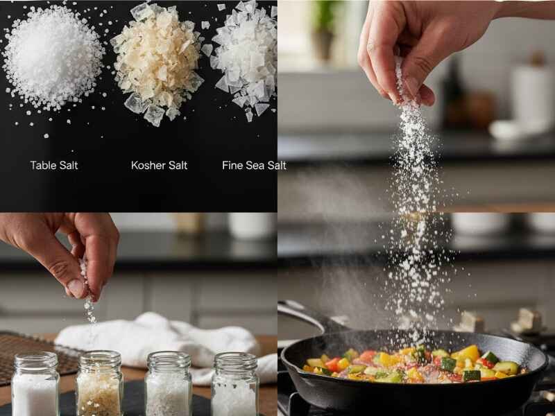 A macro close-up view showing the extreme difference in crystal size and shape between table salt, Kosher salt, and flaky sea salt.