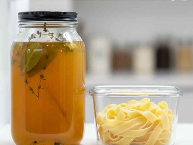 Two separate, clear containers hold the leftovers of rich chicken noodle soup: one with the golden broth and meat, and the other with the cooked noodles, emphasizing the need for separate storage to prevent sogginess.
