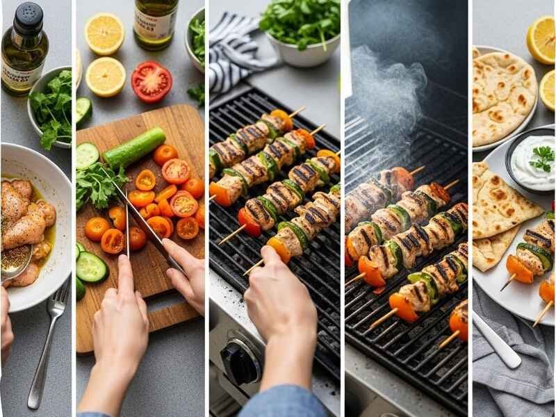 Step-by-step visual process of making tortilla kebab skewers, showing marinating, assembling, grilling, and serving in one image.