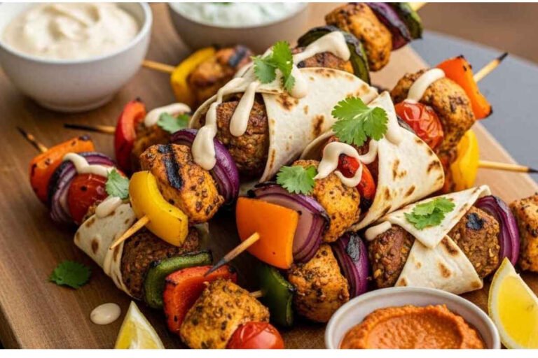 Tortilla-wrapped chicken kebab skewers with grilled vegetables, served with dipping sauces and lemon wedges on a wooden board.