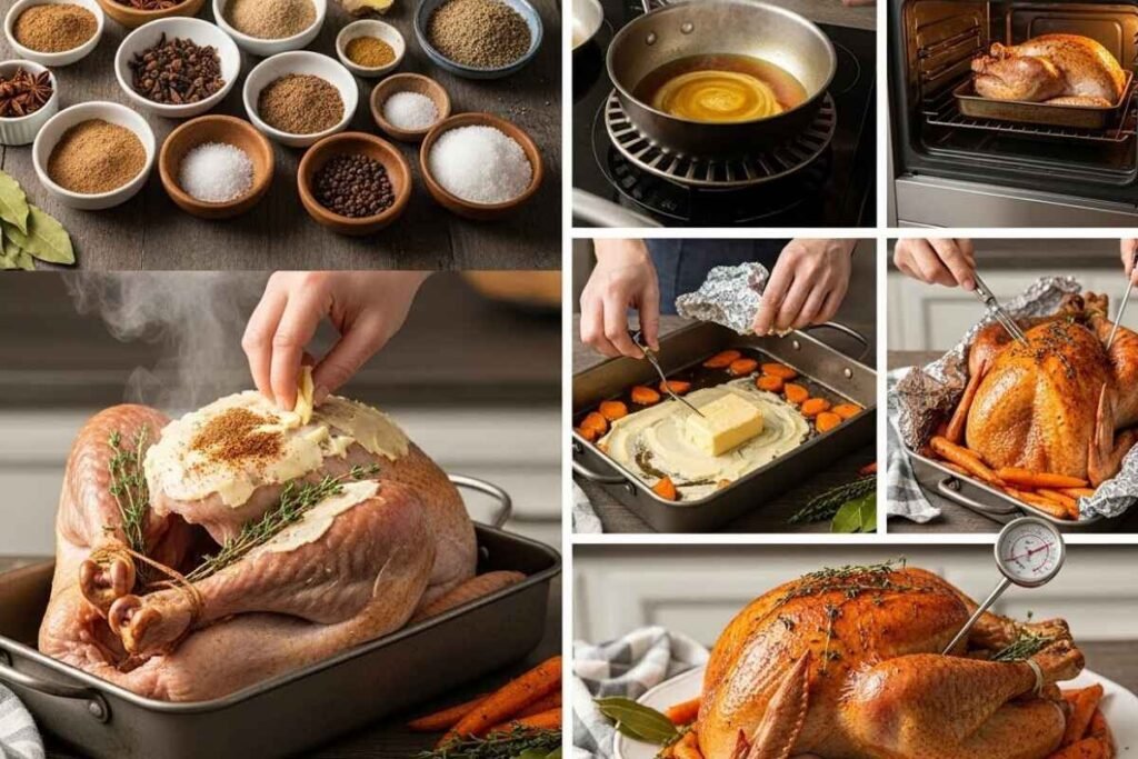 Brown Sugar Glazed Turkey preparation in a rustic kitchen, showing seasoning being applied under the skin, spices, and the amber baste being melted in a saucepan.